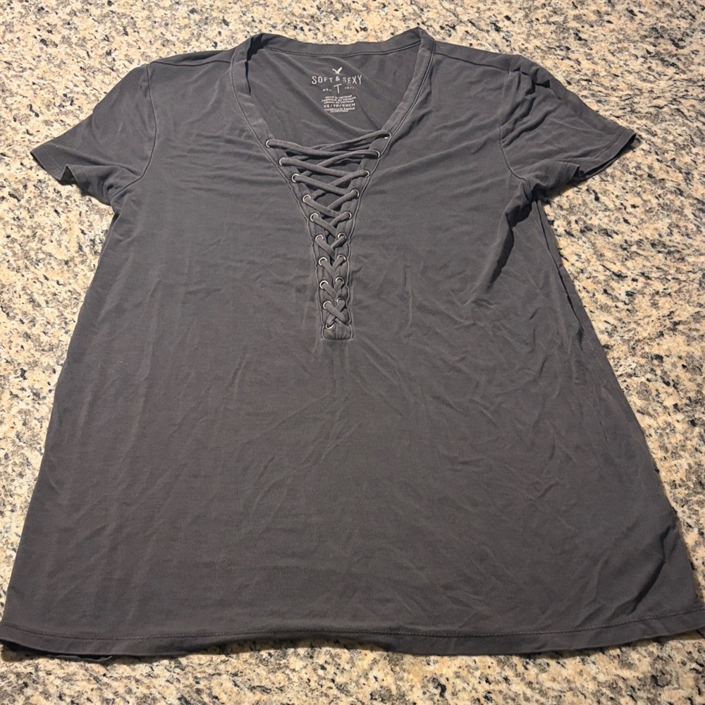 American Eagle Outfitters Charcoal Lace-Up Tee